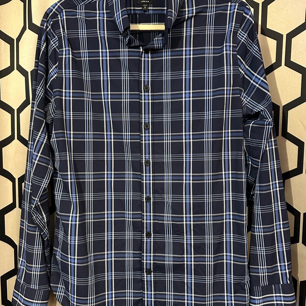 Express Men's Navy and White Plaid Button-Down Performance Stretch Shirt